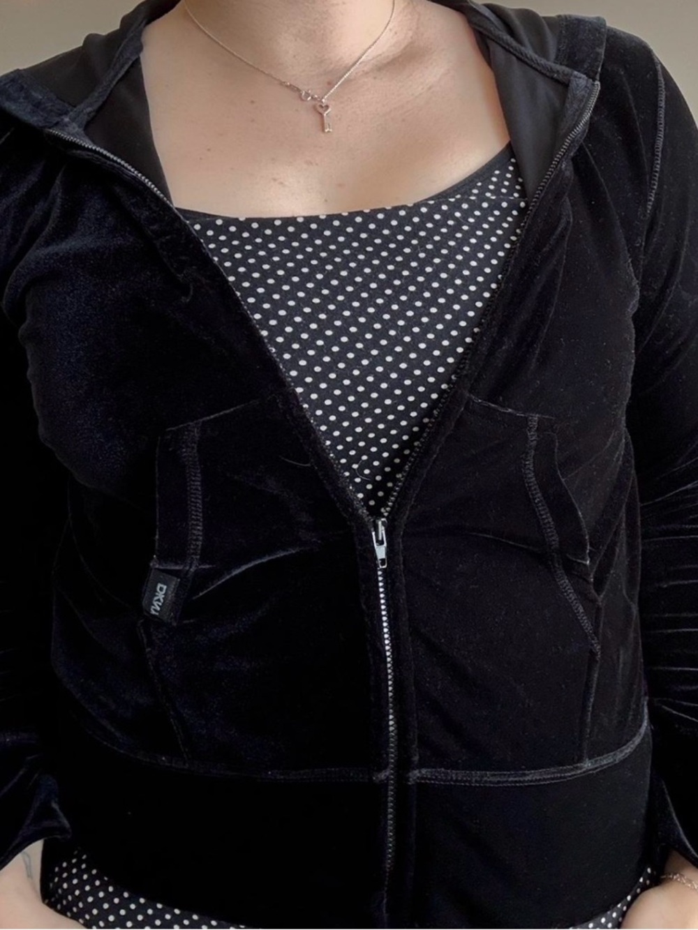 DKNY Petite Crushed Velvet Black Zip Up Hooded Jacket
